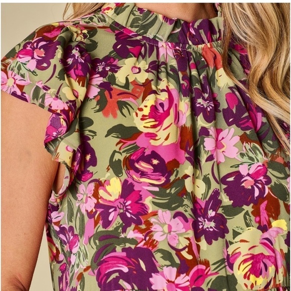 Green Floral Print Ruched Flutter Sleeve Frilled Neck Mini Dress size large NWOT - Picture 5 of 7